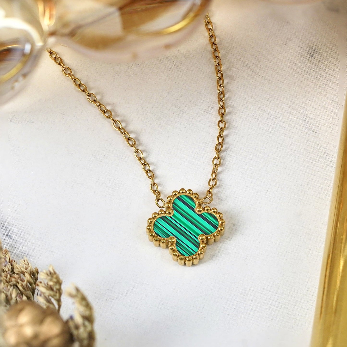 Green Flower Pendant Necklace in Yellow Gold Plated - TakeCareBaby