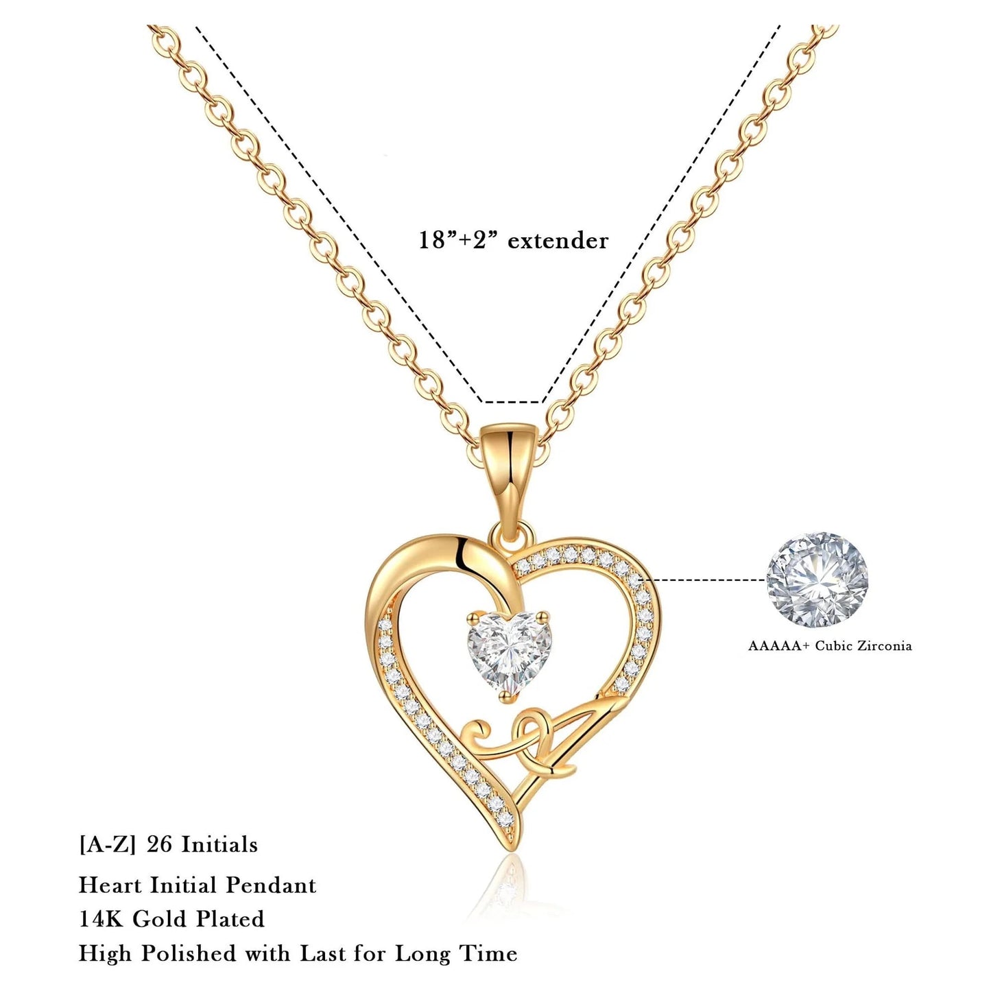 Initial Heart Necklace for Women Cubic Zirconia 14K Gold Plated Initial Heart Pendant Necklace - TakeCareBaby