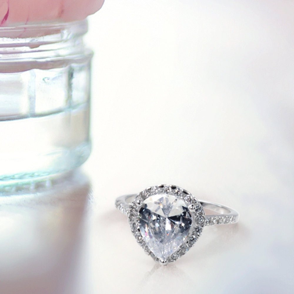 Womens 9CT Pear Shaped Halo Solitaire Engagement Ring CZ Pave Band - TakeCareBaby