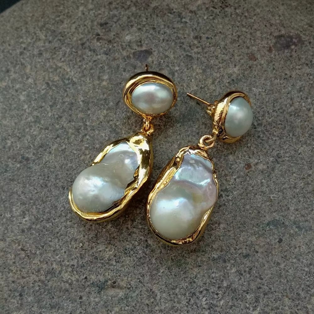 White Keshi Pearl Gold Color Plated Stud Earrings - TakeCareBaby