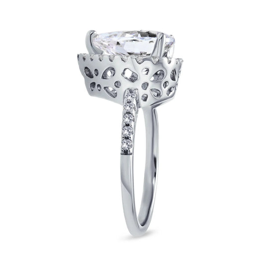 Womens 9CT Pear Shaped Halo Solitaire Engagement Ring CZ Pave Band - TakeCareBaby