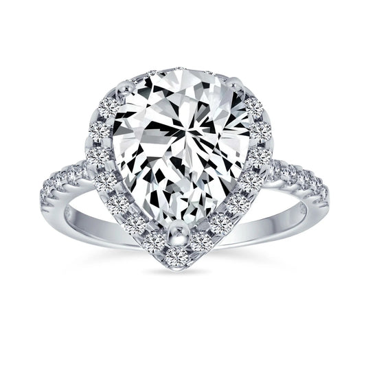 Womens 9CT Pear Shaped Halo Solitaire Engagement Ring CZ Pave Band - TakeCareBaby